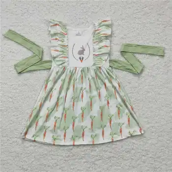 GSD0157, рокля с цветове, с дълъг ръкав и вратовръзка морков и зелен цвят за момичета, бутикови дрехи, детски поли, дрехи за малките момичета, ежедневни облекла