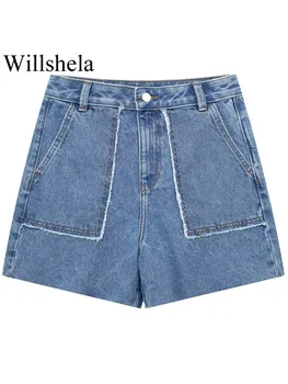 Willshela, дамска мода с джобове, дънкови поли син цвят, с цип отпред, шорти, реколта шик дамски къси панталони с висока талия
