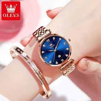 Маркови дамски часовници OLEVS 5866 с каишка от неръждаема стомана, водоустойчив модни луксозни ръчни часовници с диаманти, дамски часовници с дисплей за дата