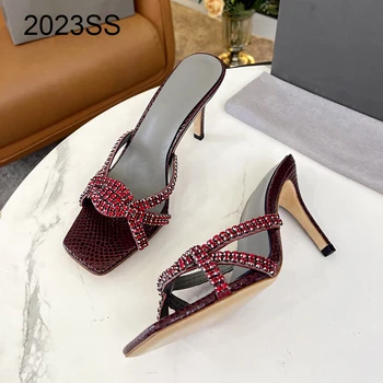 Чехли, луксозни сватбени обувки с квадратни пръсти и отворени пръсти на тънък висок ток, ежедневна мода обувки премиум-клас