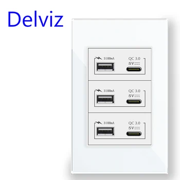 Стенни изход на бразилския стандарт Delviz, Бял/ Черен панел от закалено кристално 120 мм* 72 мм порт за бързо зареждане на USB Type C мощност 18 W 3A