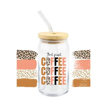 Леопардовый кафе UV-прехвърляне на DTF, водоустойчив за стъклени чаши, розов моден тренд, с бутилка 