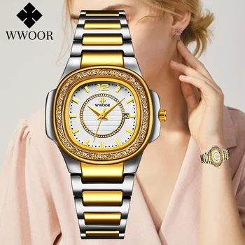 Дамски часовници 2022 WWOOR, най-добрата марка за луксозни квадратни часовници с диаманти, дамски часовник от розово Злато и неръждаема Стомана, водоустойчив дамски часовник с дата