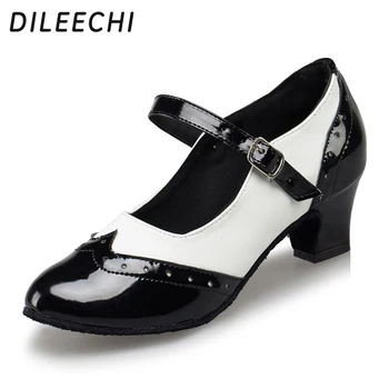 Обувки за латино танци DILEECHI, черно-бели, от изкуствена кожа, за възрастни, мека подметка, ток 45 мм