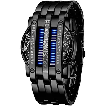 Цифров часовник с двоичен матрица и синьо led, мъжки класически творчески модерен часовник с черно покритие