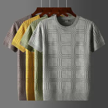Лятна риза с къс ръкав 2023, мъжки модни отворена трикотажная ежедневни тениска в клетката, дишаща тениска с кръгло деколте, градинска облекло H19