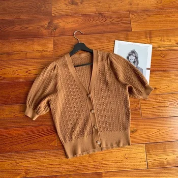 [ElfStyle] Женски жилетка с V-образно деколте и къси, буйни, с дълъг ръкав, пуловер, жилетка, топ