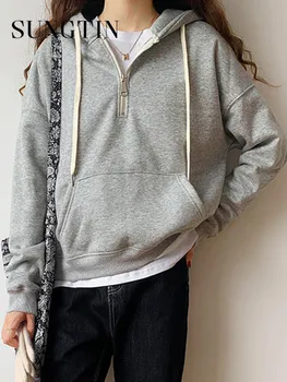 Hoody Sungtin в корейски стил за жени с джобове с цип, свободни основни качулки 2023, пролет-есен, ежедневни hoody, пуловер, жена