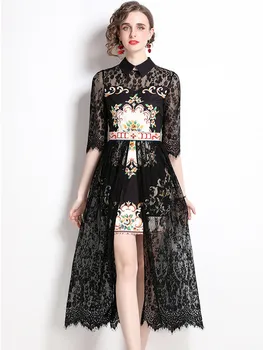 Модерно лятно черно дантелено рокля в стил мозайка с флорални принтом, разделно рокля, дамски дрехи, яка-часова рецепция и половина ръкави, висока талия, празнични рокли