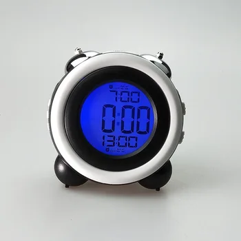 Led цифров часовник с аларма, показване на време и дата, двоен звънец, супер силен за здраво спящи, Двойна аларма със синя подсветка