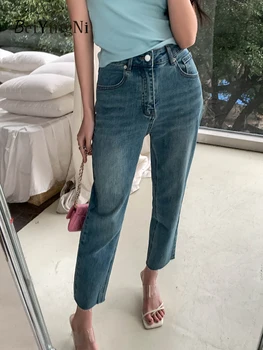 Beiyingni Корейски модни дамски дънки с джобове, елегантни, ежедневни дънкови панталони в стил харадзюку, дамски прави дънки Y2K в ретро стил