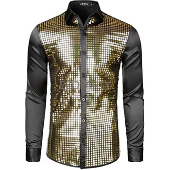 Пролетната мъжка риза с метални пайети, новост 2023, дискотека 70-те години, на парти за Хелоуин, мъжка тениска за сценичното представяне