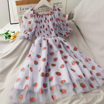 2023 Ново женствена рокля ягодов цвят във френски стил, дантелено шифоновое хубава рокля, ежедневна рокля с пищни ръкави, елегантна рокля Kawaii с принтом, женствена рокля