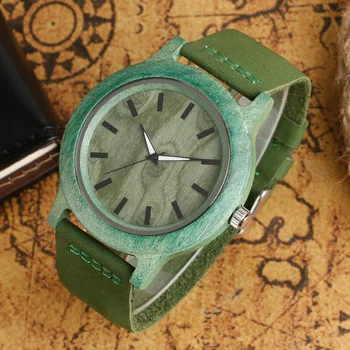 Шик творчески мъжки часовник от зелено дърво, уникален бамбук кожена каишка, дървени ръчни часовници, мъжки часовници, за рокли, циферблат с посока на скалата