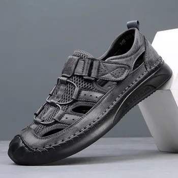 Мъжки сандали от естествена кожа, с кръгли пръсти, лека платформа, удобна мода универсална дишаща нескользящая обувки, лятна основна