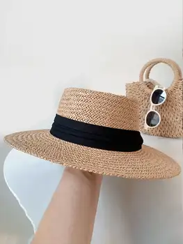 НОВИ летни шапки за жени, солнцезащитная шапка, плажна дамски модни панама с плосък нос, дамски ежедневни слънчеви шапки за жени, сламена шапка