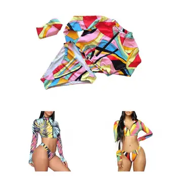 Здрав 1 комплект, модна шапка с широко приложение, комплект облегающих женски бански костюми, многоцветни бански костюми повдигащ за улицата