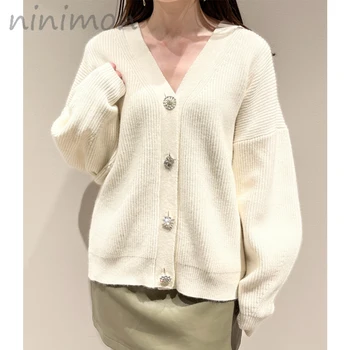 NINIMON【Spot】 2022 Пролетен женски пуловер с бриллиантовыми бутони, вязаный жилетка, Ново топло палто, вязаный жилетка с V-образно деколте, сако, върхове