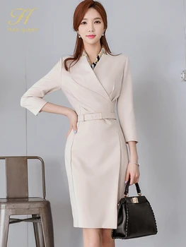 H Han Queen/ лидер на продажбите, Елегантен модерен корейска рокля-молив с V-образно деколте, женски прости дебнещ офис дамски рокли, всекидневни празнични рокли