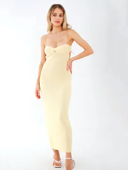 Жена трикотажное рокля-тромпет, обикновен възел на експозиции, дълга рокля без презрамки с деколте на гърба, прозрачни морски клуб секси рокли