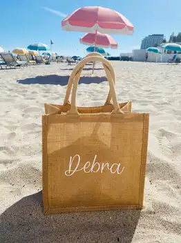 Плажна чанта на поръчка, персонални торби от зебло, плажни чанти-тоут, плажна чанта на булката, подарък плажна чанта-тоут с име, чанти за пазаруване