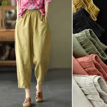 Дамски панталони от памук и лен с дължина 9 см, летни панталони Harun с тънка еластична талия, свободни ежедневни панталони с прав штанинами