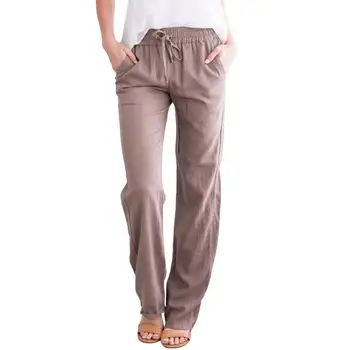 Дамски панталон с джобове дантела прозорци, прави широки, тънки и дълги панталони, градинска облекло