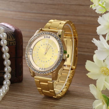 Двойка часовник с каишка от сплав Хинстоуна, кръгли аналогови кварцови часовници, часовник с римски цифри, позлатен метален мрежест каишка, ръчен часовник за подарък