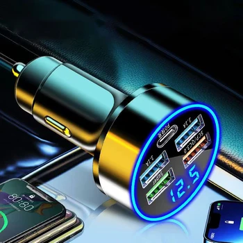 5-пристанище зарядно за кола USB PD Type C адаптер за бързо зареждане на автомобилен крик, сплитер, зарядно устройство за телефон iPhone Xiaomi