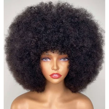Пухкави афро-къдрава перука от човешки косъм с дебел бретон, натурални Къса перуки-боб за черни жени с плътност на 180%, напълно преработени машинното метод за коса