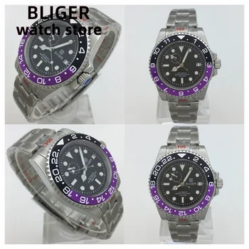 Часовници BLIGER NH37 40 мм, мъжки автоматично механичен часовник черен циферблат, сапфир стъкло, каишка от неръждаема стомана, черна и синя стопорная плоча