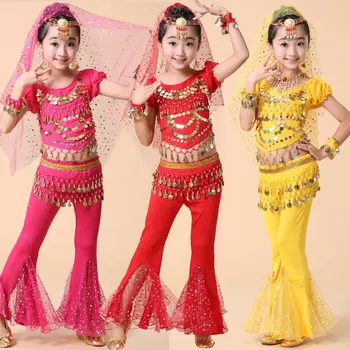 Дрехи ръчна изработка за момичета в индийски стил Боливуд, детски костюми за танци, сценична облекло за ориенталски танци с пайети