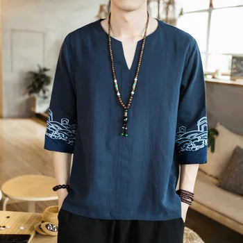 Традиционен Китайски Топ за мъже, Ретро Риза Hanfu с V-образно деколте и къс ръкав, Летни Мъжки Блузи с Вълниста бродерия, Азиатски тениска Harajuku