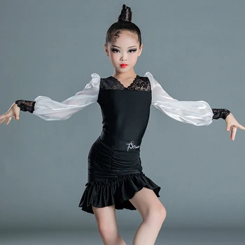 Детски Професионален костюм за практикуване на латински танци, Костюми за латино танци за момичета, Черно-Бял Костюм с Разрезной пола DN10362