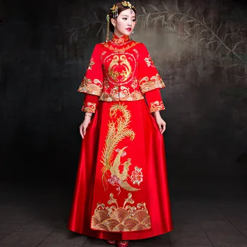 булчинската рокля на булката в традиционен китайски стил, с костюм на Феникса, дрехи с бродерия чонсам, луксозно древното кралско червено рокля Ципао