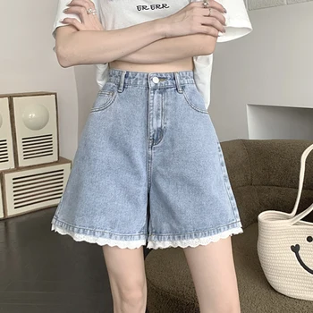 TIGENA, дънкови къси панталони в стил мозайка дантела, лято 2023, корейски свободни дънкови къси панталони с джобове за копчета и висока талия, Дамски къси панталони