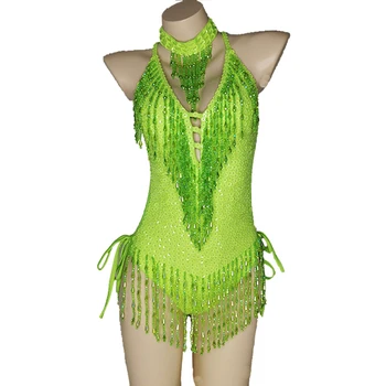 Кралят костюм, с блестящо зелено боди с пискюли, секси жена облекло, мъниста, пайети, костюм за изяви на сцената, една част облекло за танци