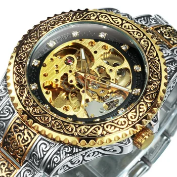 Мъжки часовник T-Winner, модни реколта часовници с надпис, мъжки луксозни механични часовници с позлатени виртуален скелет, мъжки автоматично механични часовници