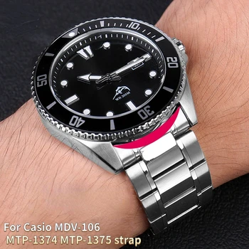За Casio MDV106-1A с каишка с извит край, от неръждаема стомана MTP-1374 MTP-1375 MDV-106, метална каишка за часовник, верижка 22 мм, унисекс гривна на китката