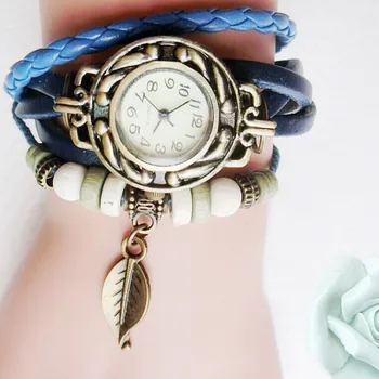 Елегантни дамски часовници, ретро Кожена гривна с намотка, висулка във формата на листа, дамски часовници, подаръци, Реколта моден кварцов часовник Montre