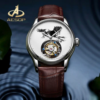ЕЗОП, каишка от естествена кожа, фигура туш, един конете циферблат, мъжки часовник, с истински механични часовници с турбийоном, двустранни часовници от стъкло: сапфир