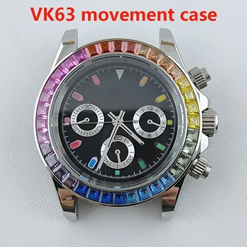 Корпус VK63, хронограф, диамантена обвивка, дъгата циферблат, мъжки часовници, сапфирен кристал, подходящ за часови аксесоари с механизъм VK63