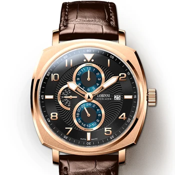 Мъжки автоматичен часовник LOBINNI, мъжки луксозни ръчни часовници, водоустойчиви механични ръчни часовници самостоятелно ликвидация, нажежен син сапфир кожена каишка