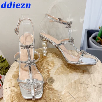 Дамски обувки на висок ток в странен стил 2023, дамска мода, перлена обтегач на щиколотке, Т-образна каишка, дамски обувки-лодка на ток, сандали, обувки
