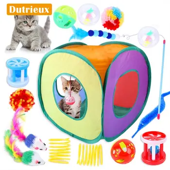 Набор от играчки тунели за домашни котки, Забавна мишка с перушина, Крушка-камбанка, Интерактивни играчки, Забавни мишката-пръчка, комплект за коте, Аксесоари за котки