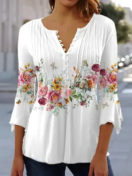 Горещи нови модни дамски тениски, пролет-лято, ретро цветен принт, копчета, V-образно деколте, ежедневни градинска облекло, основни блузи, тениски