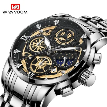 Луксозни мъжки спортни часовници VA VA VOOM, модерен мъжки кварцов водоустойчив ежедневни мъжки часовници с кристали, сребро, черен Цвят, неръждаема Стомана