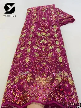 Африканска Лейси Плат с Високо качество 2023, луксозна Сватбена лейси плат в нигерия стил с пайети, расшитая мъниста, материал за една вечерна рокля Y5289