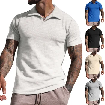 Мъжки дрехи, лятна тениска с ревери, мъжки дебела Вафельная риза с Къс ръкав, Однотонная Ежедневни риза с яка