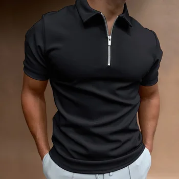 Лятна тениска с цип 2023 г., высокоэластичная мъжка риза с къси ръкави, однотонная тениска с къс ръкав и ревера, всекидневни топ за фитнес